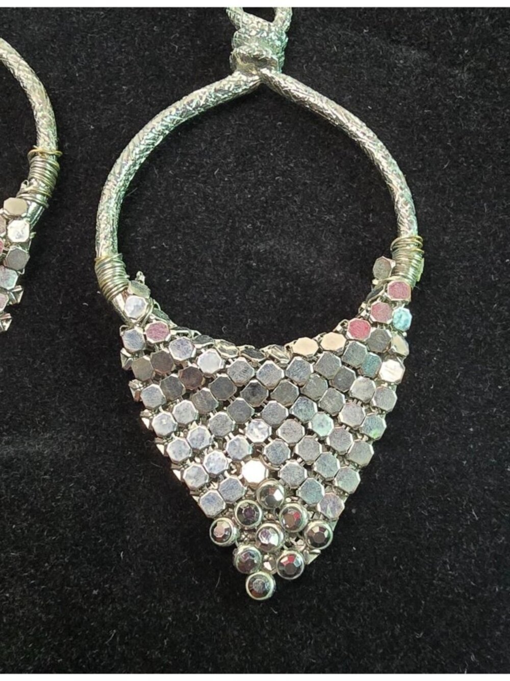 VTG Mesh Drop Hoop Earrings 3.5" Silver Tone Deco Boho Statement Retro Disco - Picture 5 of 8